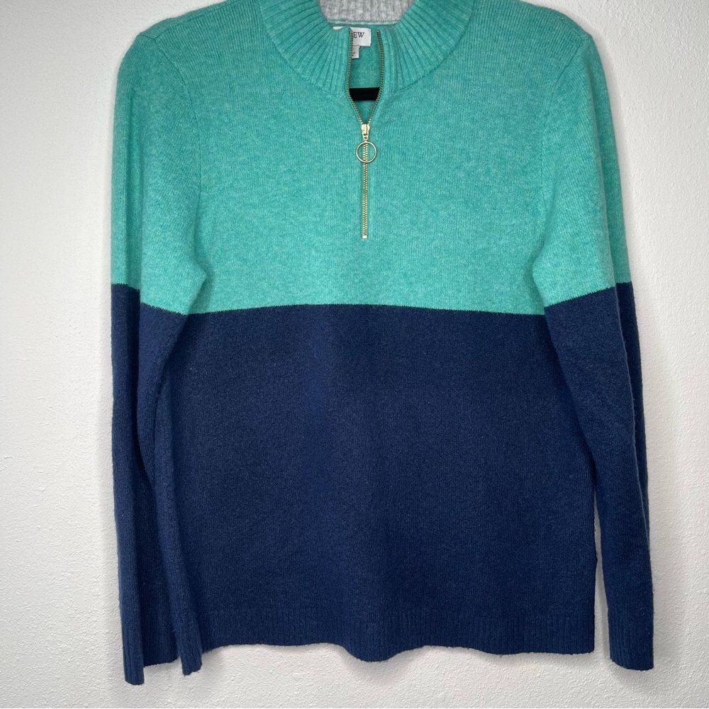 J Crew Sweater Womens Size M Navy Blue Green Colorblock Zip-up Pullover Wool